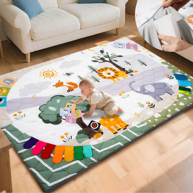 TINYHARBO Premium Foam Baby Play Mat 71x59, 4 Developmental Zones Play Mat with Removable & Machine Washable Cover, Extra Thick Padding Playpen Mat, Easy to Clean for Infants, Toddlers & Babies
