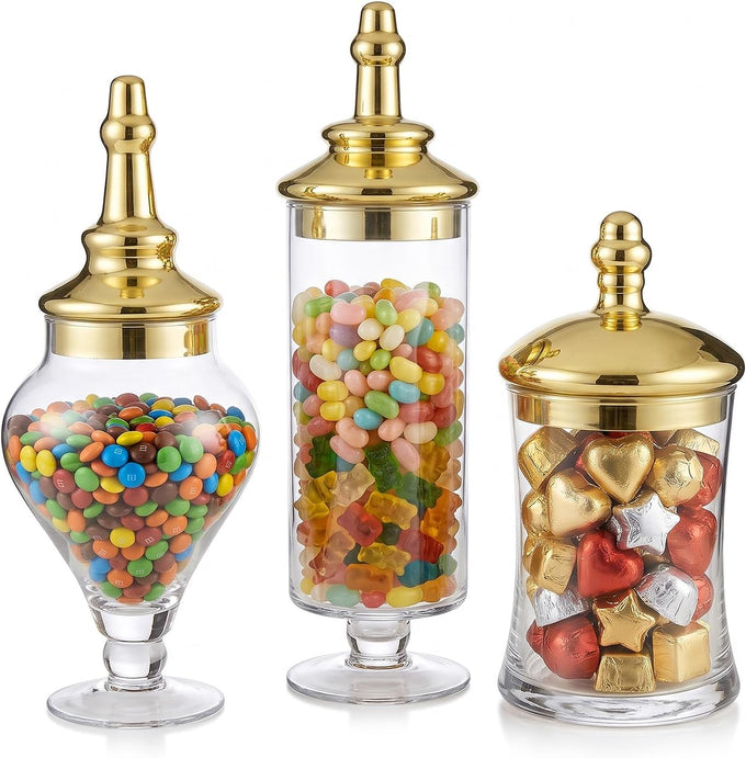 MyGift 3 Piece Clear Glass Apothecary Jars with Metallic Brass Tone Lids