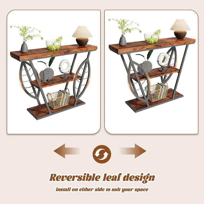 HavenlyYouth Leaf Design Console Table for Entryway, 3-Tier Storage, 30mm Thick Rustic Brown Industrial Metal Frame, Easy-to-Assemble Narrow Accent Table, Space-Saving for Hallway, Entrance, Foyer