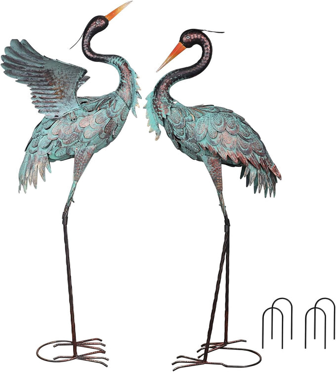 YEAHOME Garden Decor Outdoor Statues, 38"/36" Large Metal Heron Standing Yard Art, Blue Crane Lawn Sculptures Garden Decor for Outside Patio Porch Backyard, Set of 2
