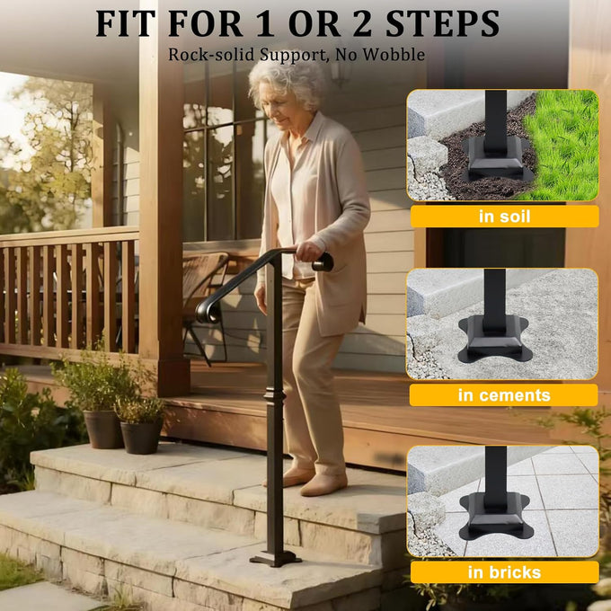 Handrail Railing, Single Post Handrail, Stair Railing for Concrete,Sturdy Handrails with Base, Mountable Iron Stair Handrail for 1 or 2 Steps, Grab Rail for Steps Porch, Railings for Outdoor Step