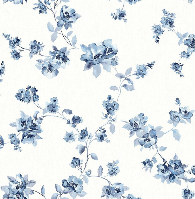 Chesapeake, Cyrus Festive Floral Wallpaper, Blue, Floral & Garden, Transitional, Non-Pasted Woven, 20.5-in x 33-ft