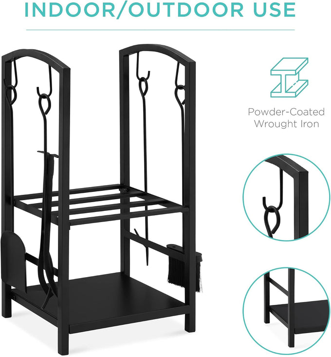 Best Choice Products 5-Piece Indoor Outdoor Wrought Iron Firewood Log Storage Rack Holder Firepit Tools Set for Fireplace, Fire Pit, Stove w/Hook, Broom, Shovel, Tongs - Black
