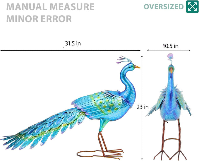 31" L Metal Peacock Garden Statue,Handcrafted Outdoor Yard Art