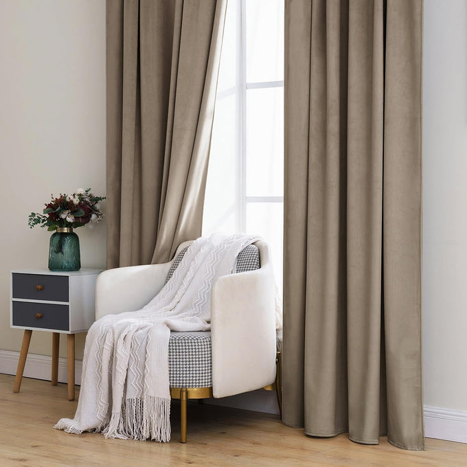 MIULEE Velvet Curtains 52x108 inches 2 Panels Light Taupe Blackout Curtains