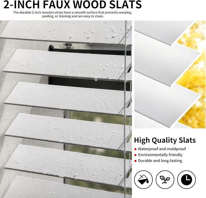 MYshade 2" Cordless Faux Wood Blinds, 34.5" W x 60" H, Slat Horizontal Blinds with Crown Valance, Room Darkening, Moisture Resistant, Window Blinds for Home Interior, White