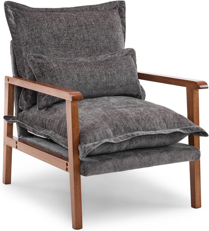 VINGLI Mid-Century Modern Cloud Accent Armchair with Lumbar Pillow, 6.3'' Thick Seat Cushion Comfortable Reading Chair with Wooden Armrests，Boho Lounge Chair for Bedroom, Living Room, Chenille, Grey