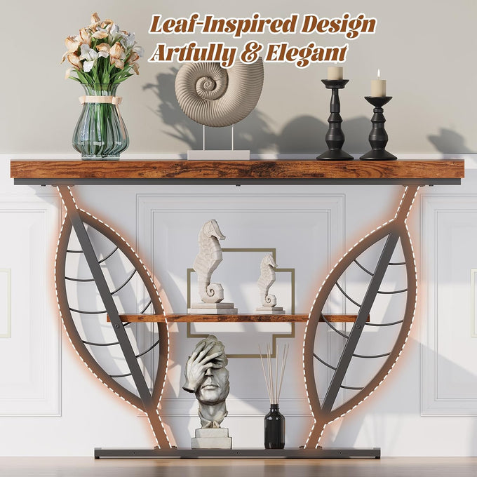 HavenlyYouth Leaf Design Console Table for Entryway, 3-Tier Storage, 30mm Thick Rustic Brown Industrial Metal Frame, Easy-to-Assemble Narrow Accent Table, Space-Saving for Hallway, Entrance, Foyer