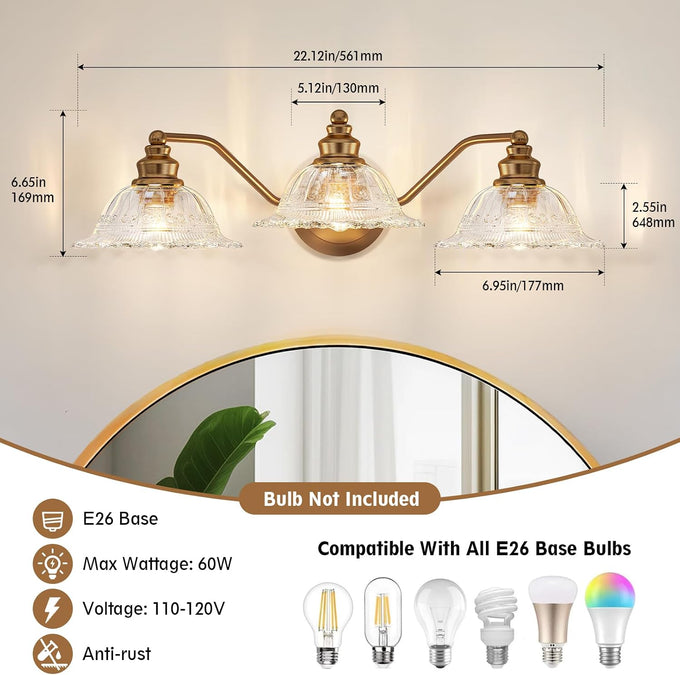 Redluck 3-Light Vintage Bathroom Light Fixtures, Vanity Lights Brass Gold