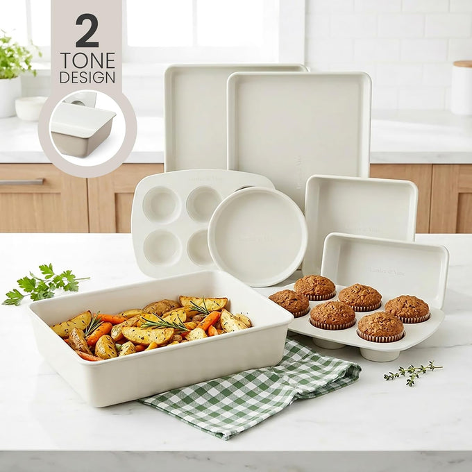 Larder & Vine 8-Piece Stackable Bakeware Set, Ceramic-Coated Nonstick Baking Pan Set, Non-Toxic, with Baking Sheets, Muffin Pan, Loaf Pan & Cake Pans, French Gray
