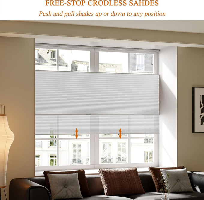 Cellular Shades Cordless, Blackout Top Down Bottom Up Honeycomb Blinds 2-in-1 Day Night Cellular Blinds, Custom Size Pull Down Pleated Accordion Shades for Windows (White, 26-27"W x 41-48"H)