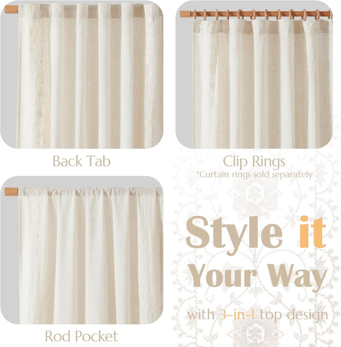jinchan Floral Linen Curtains Embroidered Back Tab 54Wx84L 2 Panels