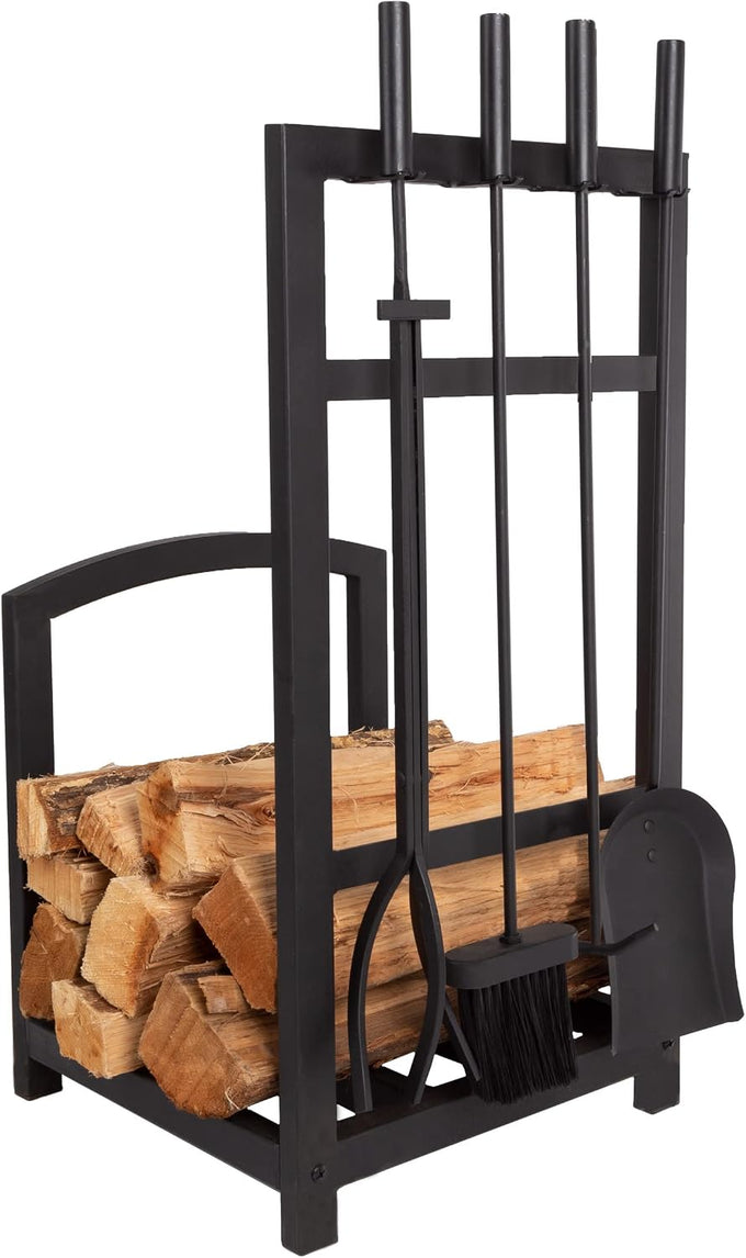 Lavish Home Fireplace Tool Set and Log Rack, Matte Black, 5-Piece-Set