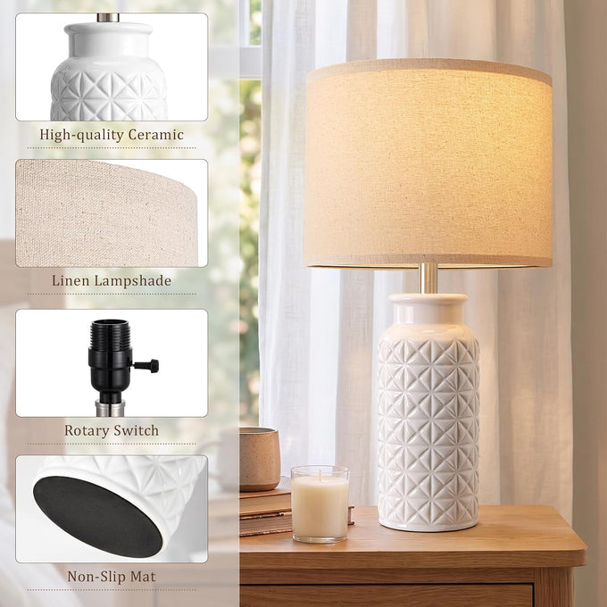 Innqoo 22.6" Modern Ceramic Bedside Lamps Set of 2, Lamps for Bedroom,White