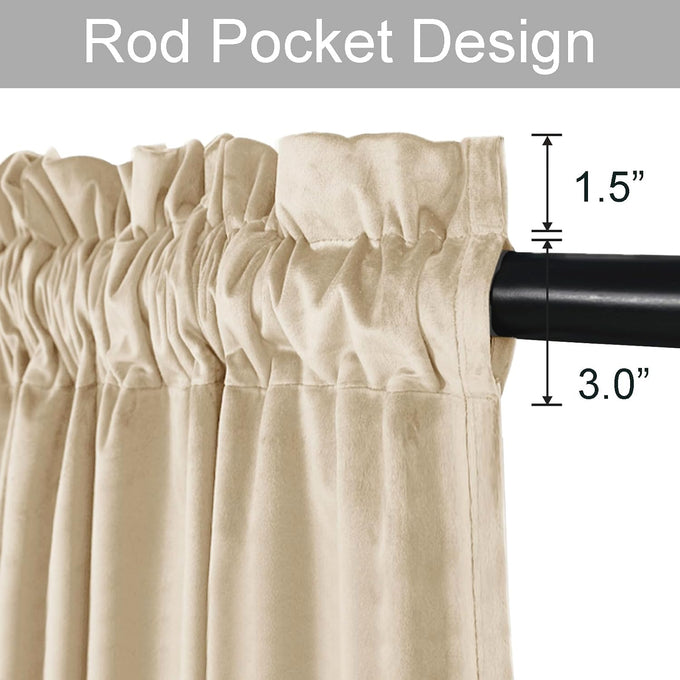 JIUZHEN Beige Velvet Blackout Curtains 52W x 120L 2 Panels with Tiebacks