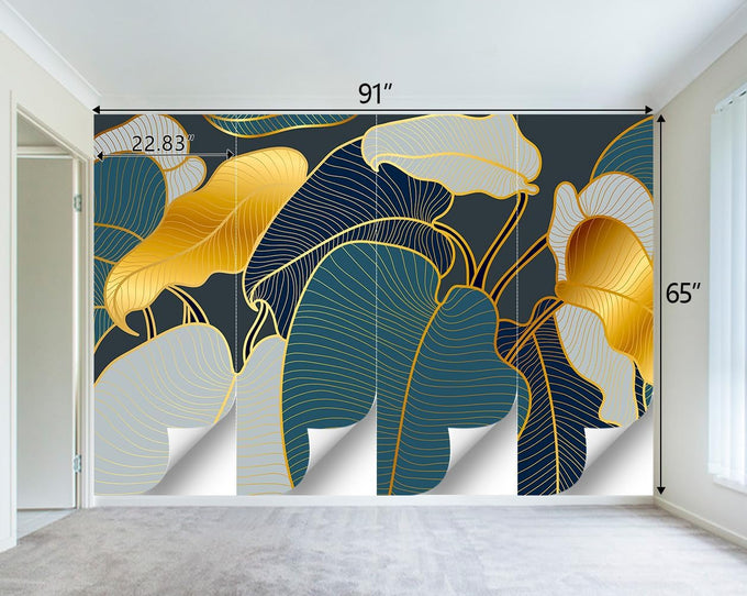 Golden Botanical Leaf wallpeper Living Room Bedroom wall Mural - 91"x65"（Not Peel and Stick）