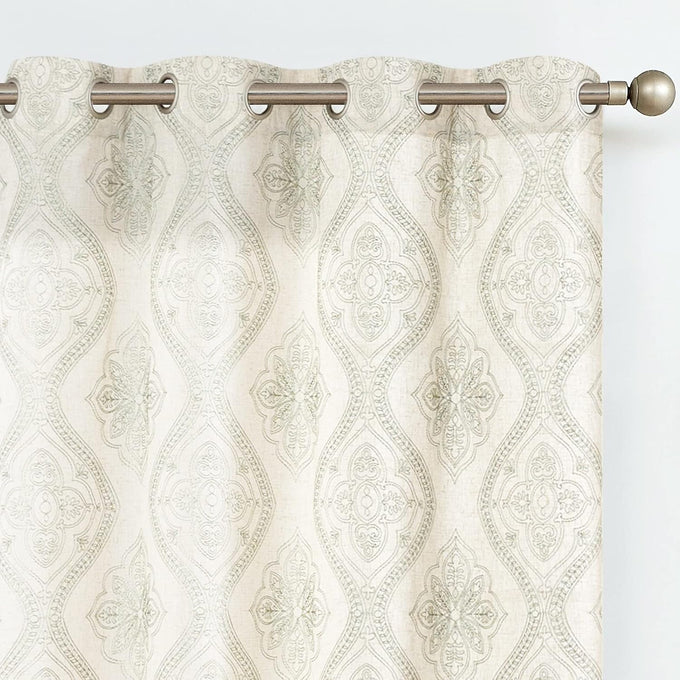 jinchan Boho Linen Curtains 63 Inch Green on Beige Grommet 2 Panels