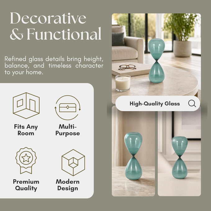 Bombara Teal Hourglass Decorative Object – Small Transparent Glass Sand Timer Modern Home Decor Accent – Shelf & Coffee Table Decor for Office & Living Room – 14", Blue & Green