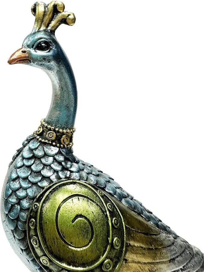 Nature's Mark 16 Inches Tall Peacock Statue - Decorative Resin Peacock Sculpture with Intricate Hand-Painted Details, Blue and Gold Accents for Home, Office, or Garden Decor