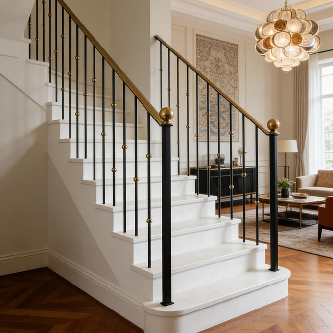 Round 5/8" *44" Hollow Metal Staircase Balusters Matt Black, 10 Pcs/Pack (5Pcs Plain with Single Brass Ball + 5Pcs Plain Double Brass Ball), Wrought Iron Balusters for Interior Stair Railing.