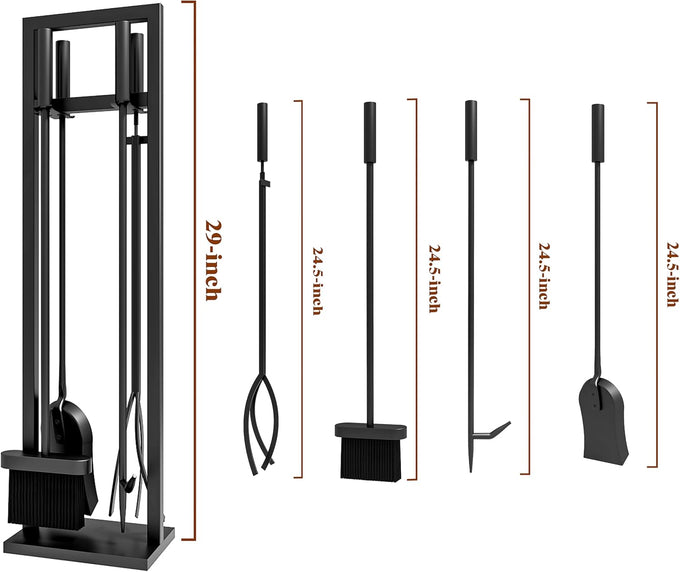 5 Pieces Fireplace Tools Set Wrought Iron Fireplace Tools with Chimney Poker, Tongs, Shovel, Brush and Stand Hearth Accessories Set, Black
