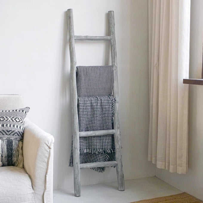 FUIN Blanket Ladder, 57in Wood Rustic Decorative Ladder, Light Gray
