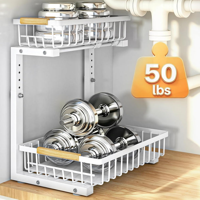 REALINN Under Sink Organizer, White 2 Pack Height Adjustable