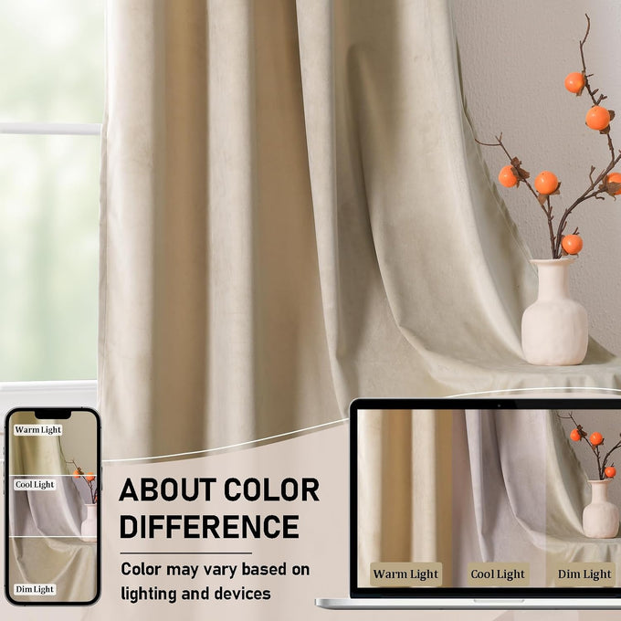 JIUZHEN Beige Velvet Blackout Curtains 52W x 120L 2 Panels with Tiebacks