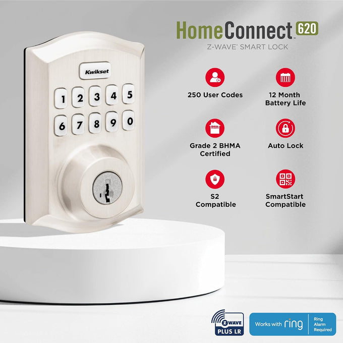 Kwikset HomeConnect 620 Z-Wave Long Range Enabled Keypad Smart Lock Convenient Keyless Entry, Customizable User Codes, Ring Alarm Compatible, Hub Required, Sold Separately Satin Nickel Traditional