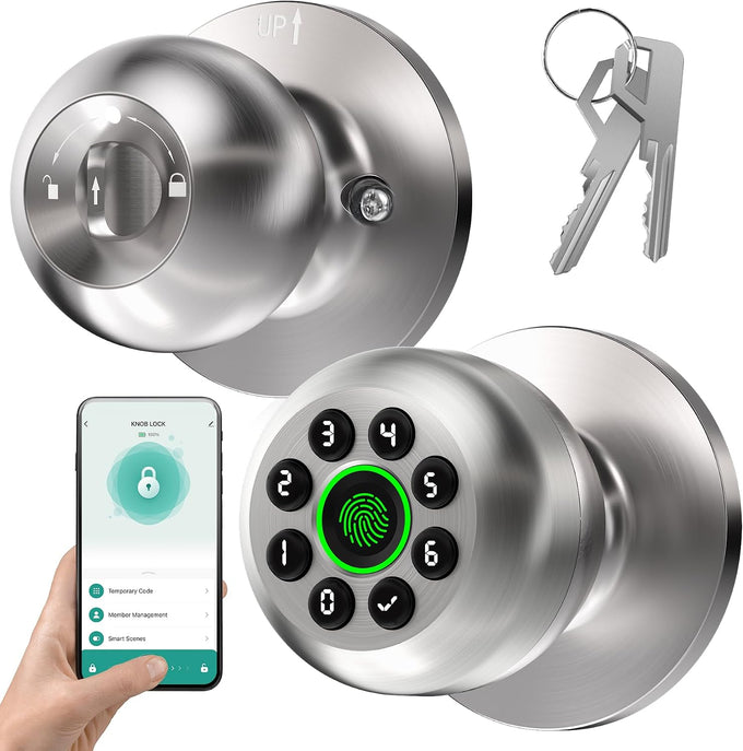 Smart Fingerprint Door Knob with Keypad, Fingerprint Door Lock, Matte Black