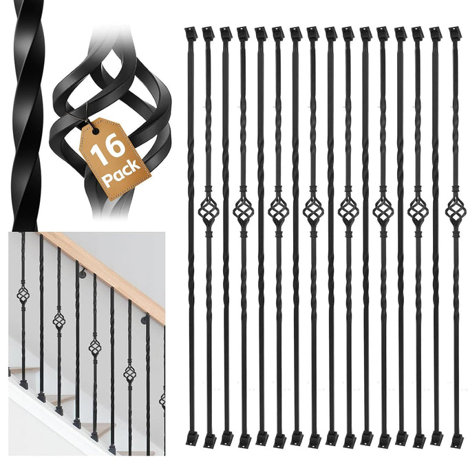 16 Pack Iron Balusters for Staircase Interior W/ 32 Pack Baluster Shoes, 1/2" x 44" Wrought Iron Baluster Stair Balusters,Hollow Metal Balusters Stair Spindles for Staircase Decks Balusters Indoor
