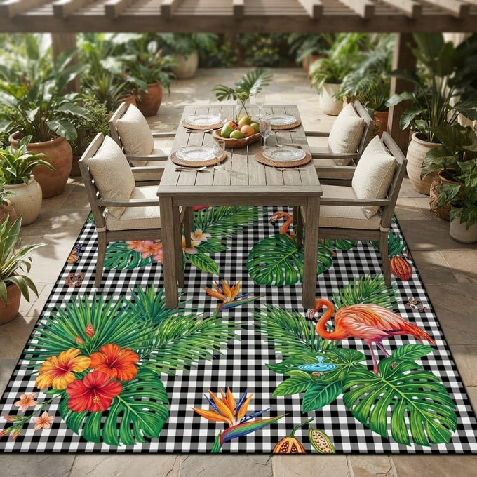 Luxury Flamingo Tropical Leaf Flower Patter 4x6 Outdoor Rug Blue Pink Gold Waterproof Soft Pile Carpet for Patio Porch Deck Balcony Chic Double Layer Border Garden Backyard Durable Mat