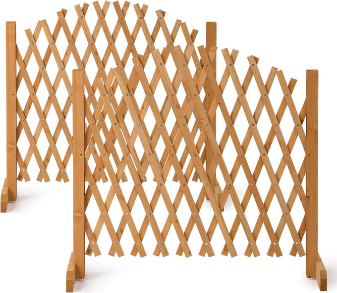 VINGLI 2Pcs Expandable Garden Fence with Arched Top, 31.5in Freestanding Lattice Fence, Solid Wood Retractable Trellis, Instant Room Divider, Extentable Pet Gate for Home Patio Yard (Teak)