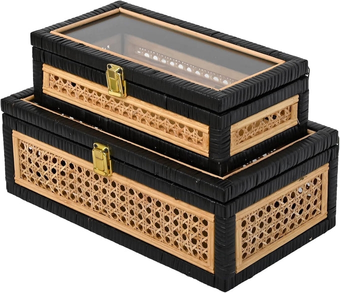 DECOR4SEASON Rattan and Cane Stacking Boxes with Glass Top Lid - Set of 2 for Boho, and Rustic Farmhouse Decor