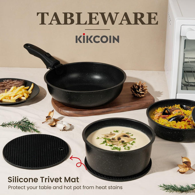 Nonstick Pots and Pans Set - 20 Pack KIKCOIN Stackable Cookware Set with Detachable Handle, RV Kitchen Cooking Set with Removable Handles - Oven Safe, Induction Ready (Black)