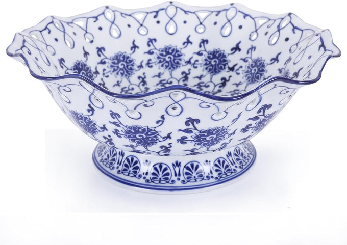 Blue and White Ceramic Fruit Bowl, Chinoiserie Decorative Pedestal Bowl