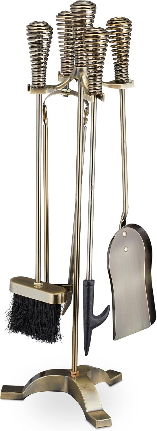 Relaxdays Fireplace Companion Set of 5 Poker Ash Shovel Broom Tongs & Stand Fireplace Set Steel Gold