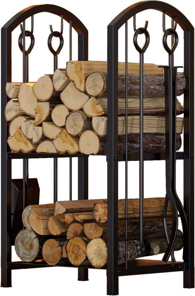 Fire Beauty Wrought Iron Firewood Log Rack with 4 Pcs Fireplace Tools Black