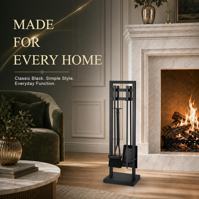 FEED GARDEN 5-Piece Fireplace Tool Set, 30" One-Piece Stand, Wrought Iron