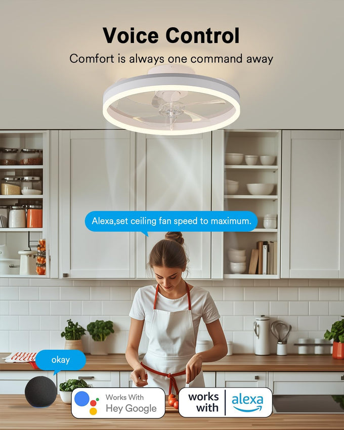 Lumary Smart WiFi Ceiling Fans with Lights, Low Profile Flush Mount White