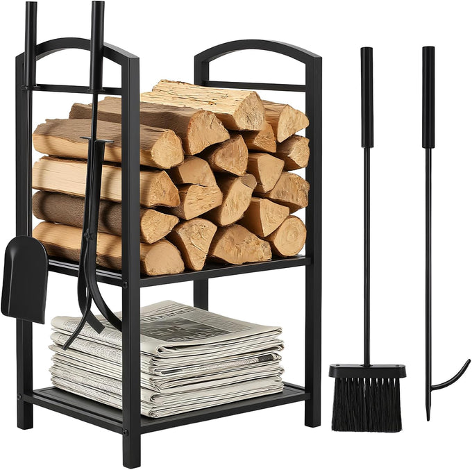 Breeze Touch 29" Heavy Duty Firewood Rack Indoor with 4 Fireplace Tools Set