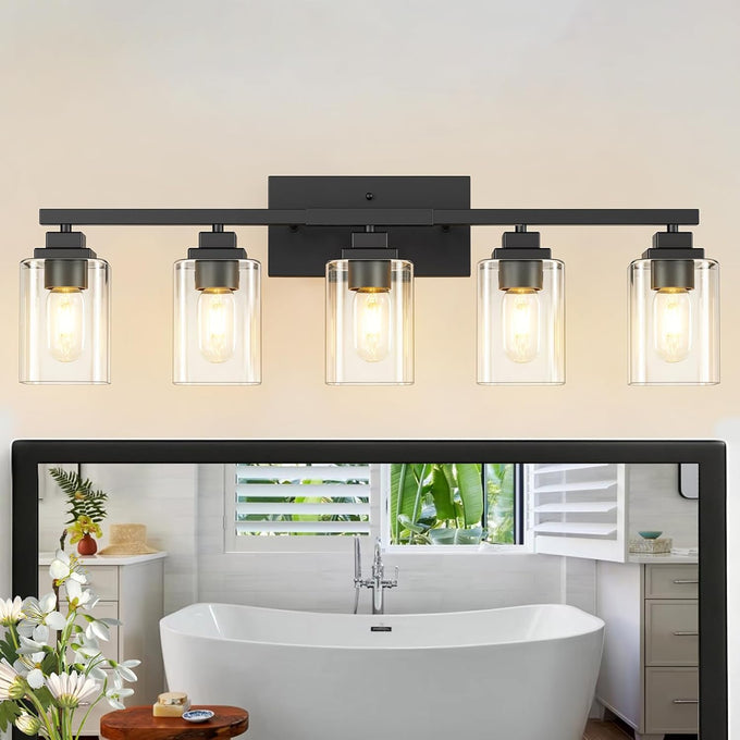 Matte Black Bathroom Light Fixtures, 5-Light Vanity Lights over mirror