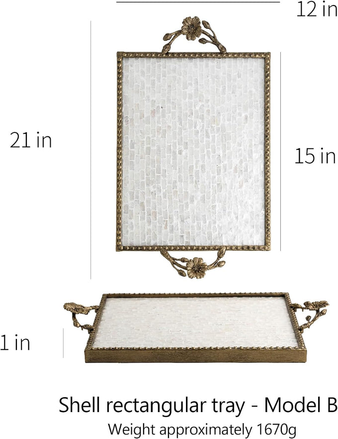 Handcrafted Large Rectangular capiz Shell Inlay Decorative Tray, 20" x 12", Retro Luxurious Metal Frame with Handle Breakfast Tray, Coffee Table, Makeup Table Storage Service Tray (Rectangular)