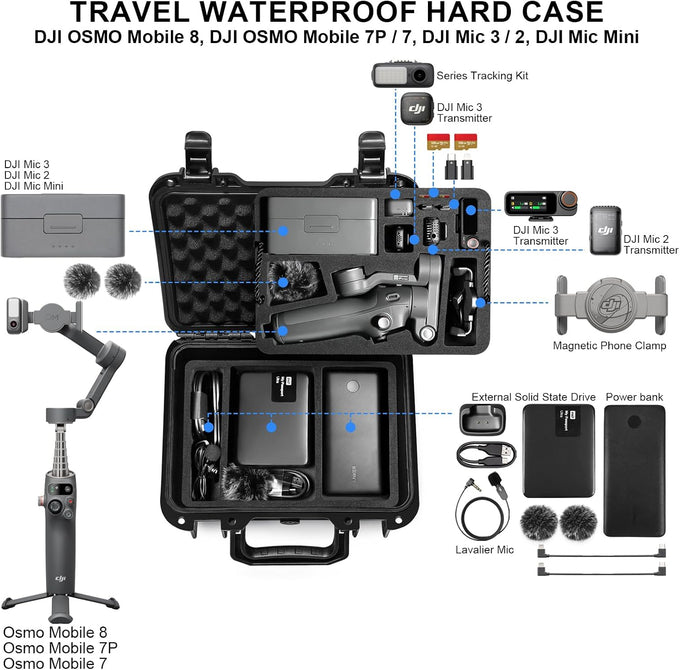 Lekufee Portable Waterproof Hard Case for DJI Osmo Mobile 8, Osmo Mobile 7P / 7, Gimbal Stabilizer, DJI Mic 3/2 / Mic Mini & More Accessories(Case Only)