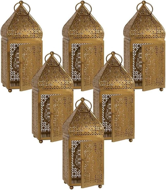 Serene Spaces Living Moroccan Lightweight Thin Gold Ornate Candle Lantern, Antique Gold Lantern, Decorative Candle Holders for Indian Wedding, Eid, Ramadan, Events, 4.5" Diameter & 12" Tall