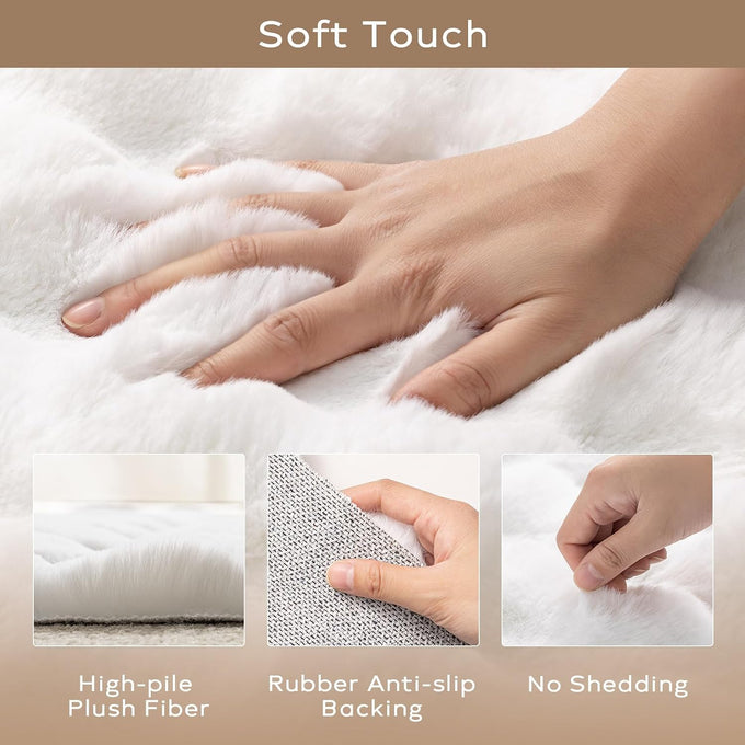 Ashler Faux Rabbit Fur Rug, White 5x7 FT Fluffy Soft Runner Area Rugs, Rectangle Fuzzy Carpet for Living Room, Bedroom, Machine Washable - 3D Bubble Mat