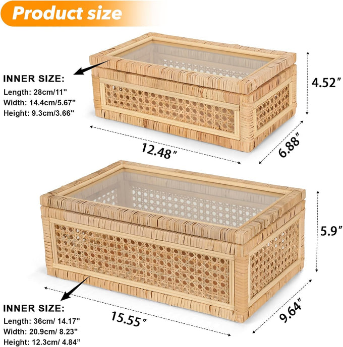 Large Handwoven Boho Rattan Display Boxes with Glass Lids Set of 2