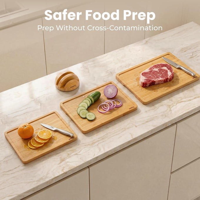 SMIRLY Cutting Boards for Kitchen, 3 Piece Bamboo Cutting Board with Stand