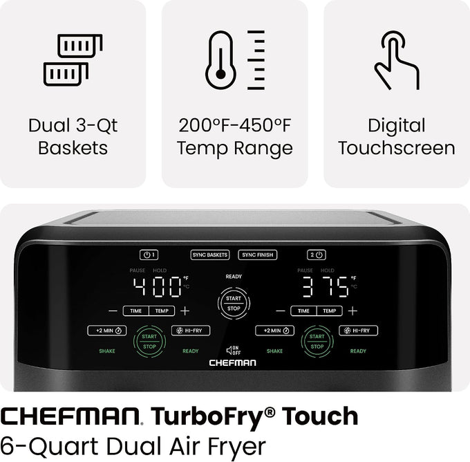Chefman 6 Quart Dual Basket Air Fryer - Digital Touchscreen, Smart Sync Finish, Hi-Fry, Auto Shutoff, 2 Independent 3QT Nonstick Dishwasher-Safe Frying Baskets - Digital Double Air Fryer - Black