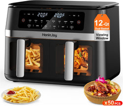 12QT 12-in-1 Large Dual Basket Air Fryer with 50pcs Paper Liners